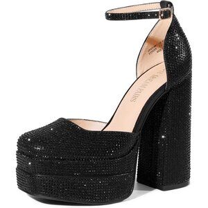 Dream Pairs Women Black-rhinestone Faux Leather Closed Toe Chunky High Platform